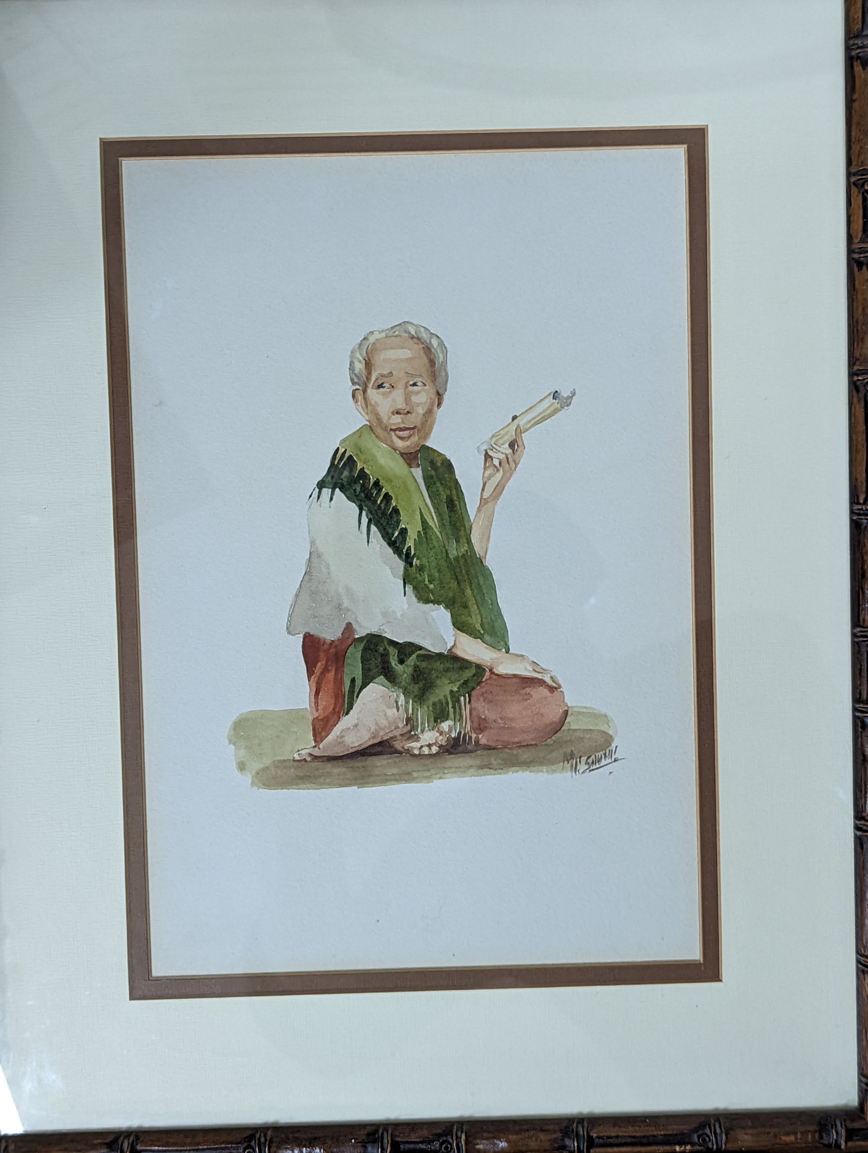 Maung Soya Saung, three watercolours, Portraits of Burmese figures, signed, 28 x 19cm